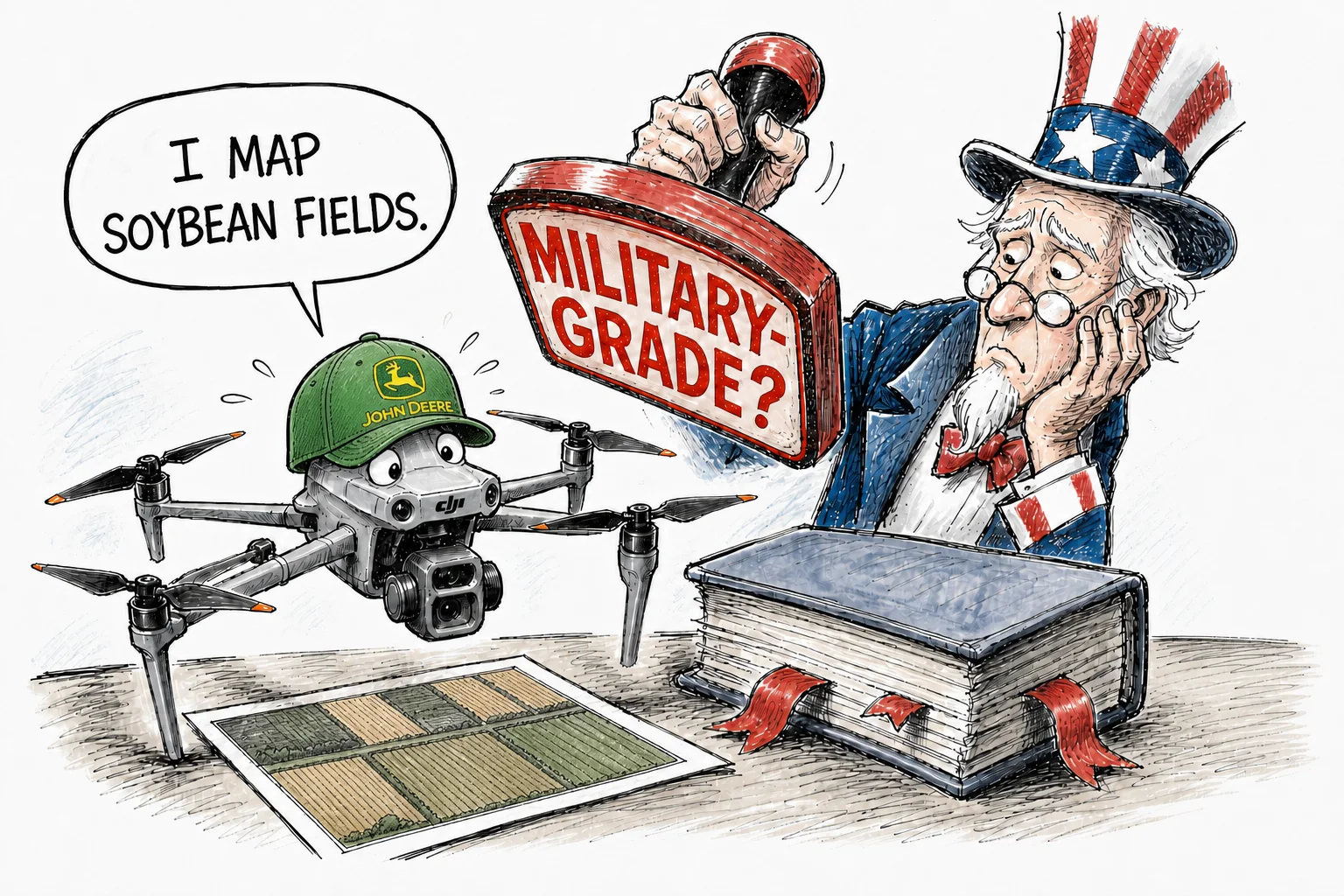 Editorial split-screen illustration contrasting agricultural drone spraying with military drone use