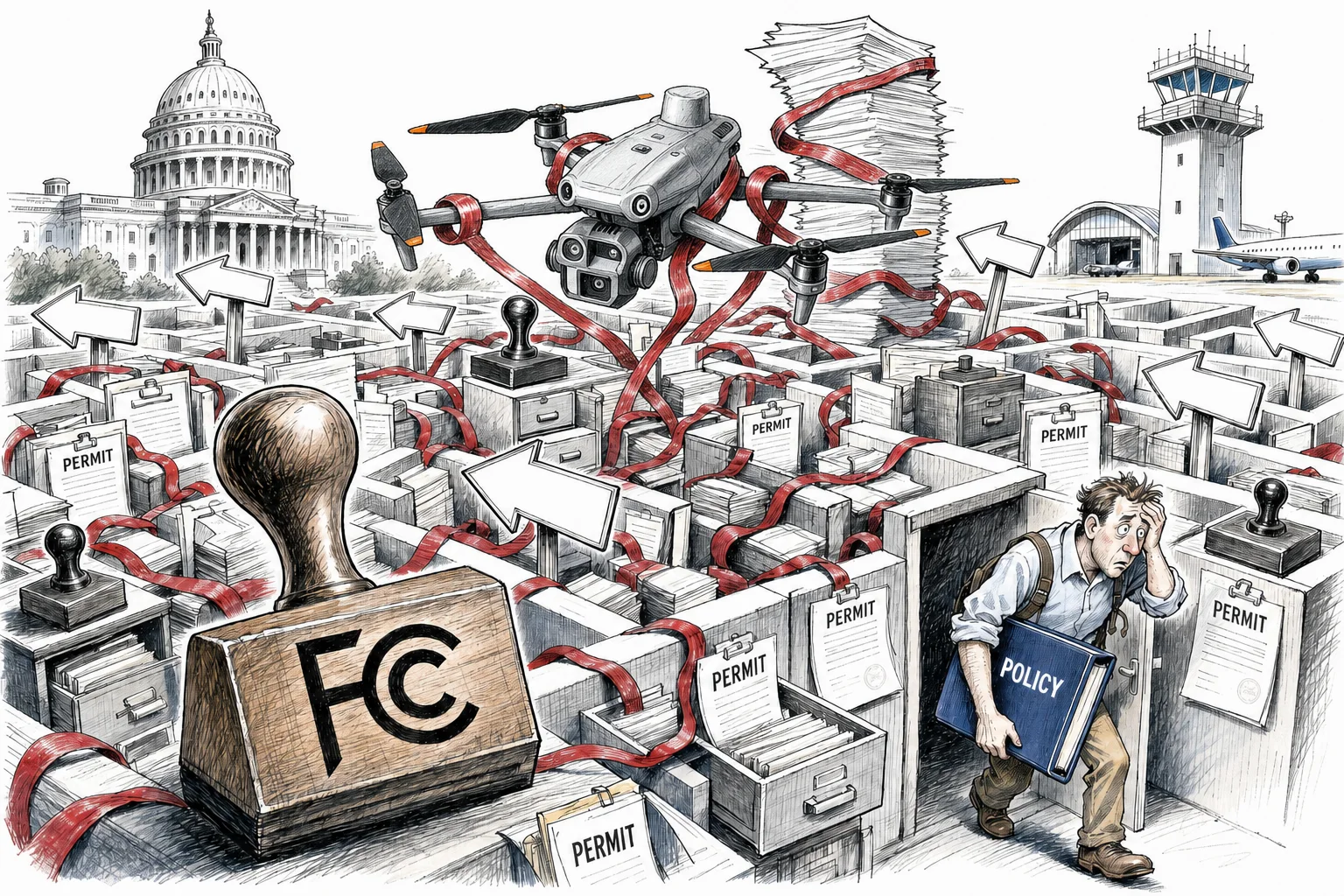 Editorial illustration of an enterprise drone entangled in red tape above an industrial landscape