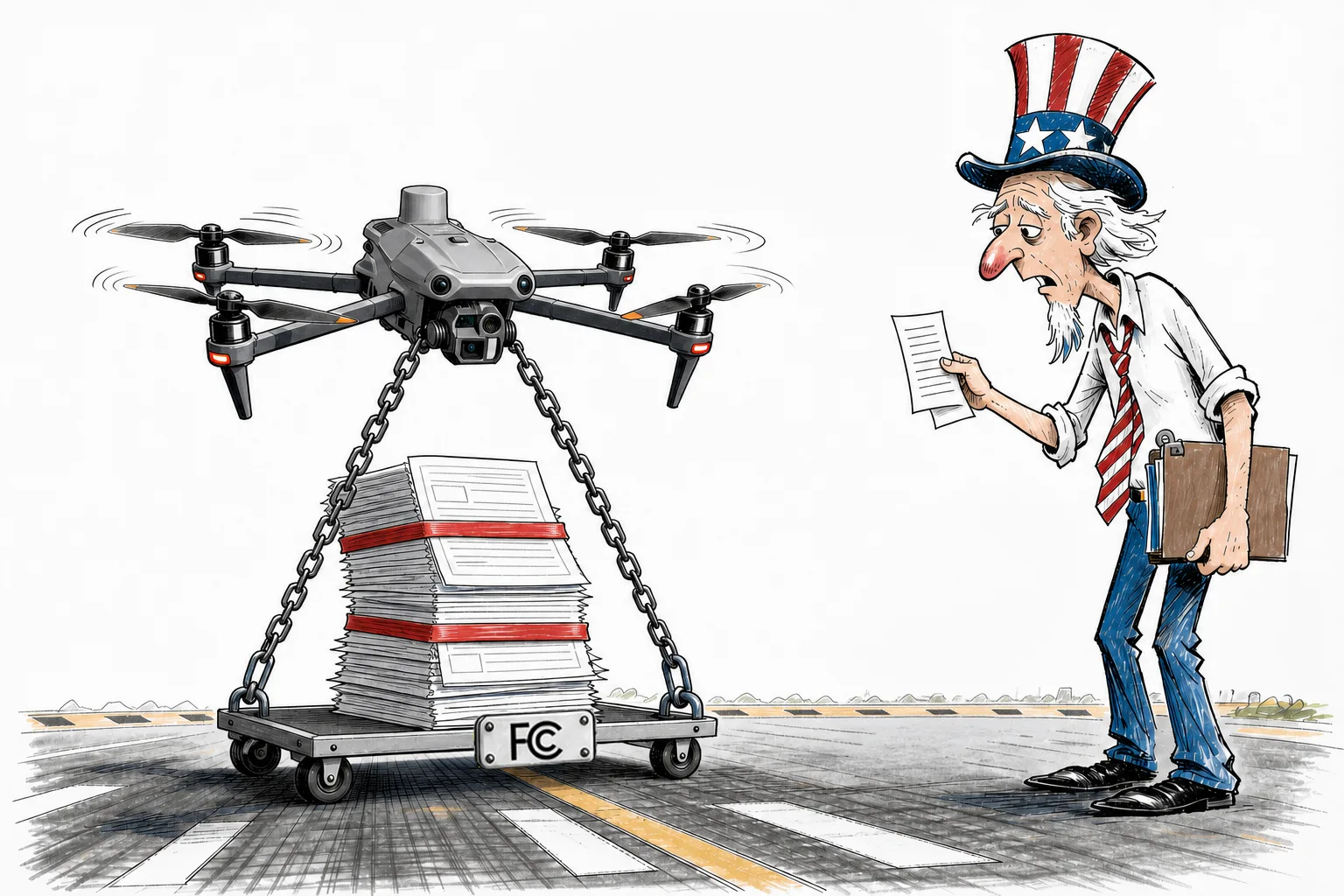 Editorial illustration of a drone service operator carrying regulatory, replacement, training and client burdens