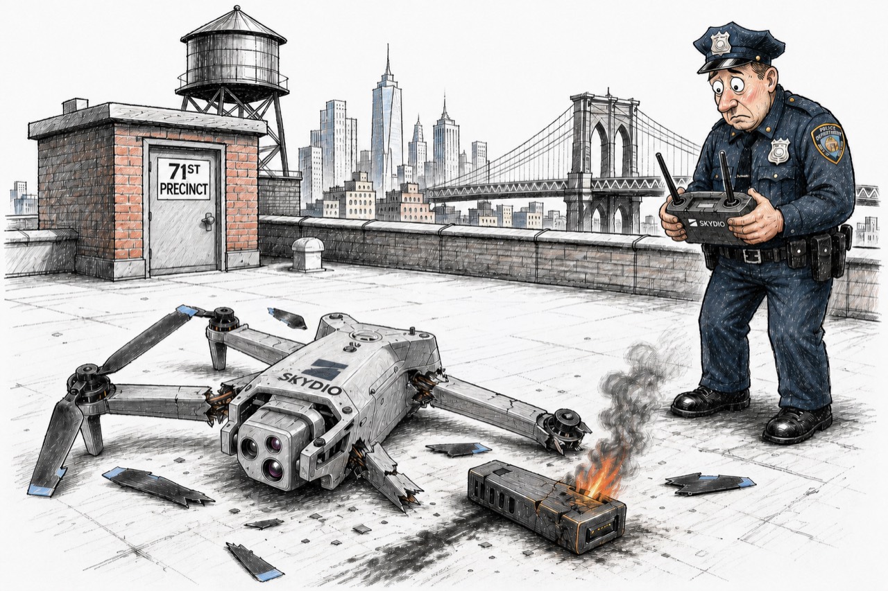 Editorial illustration of an NYPD officer beside a damaged Skydio drone and burning battery on a Brooklyn rooftop