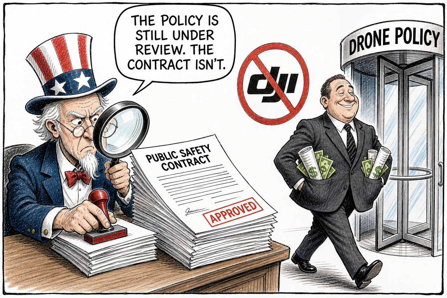 Editorial illustration of Uncle Sam reviewing a public-safety contract as a vendor exits a revolving door beneath a no-DJI symbol
