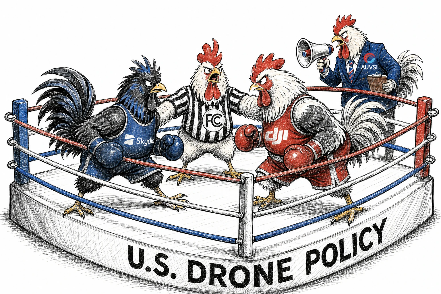 Editorial illustration of Skydio and DJI roosters facing off in a U.S. drone-policy boxing ring as an FCC referee and AUVSI announcer look on